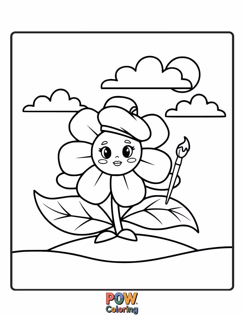 Free coloring page of A joyful artist with paint splatters paints a giant, smiling flower with dancing leaves. It’s a celebration of nature’s vibrant, cheerful artistry.