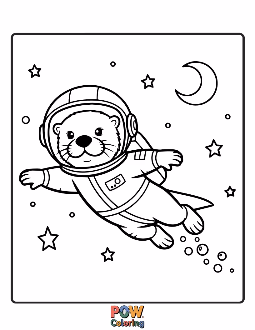 Free coloring page of A playful otter in a miniature astronaut suit performs acrobatic flips and dives in a clear lake.