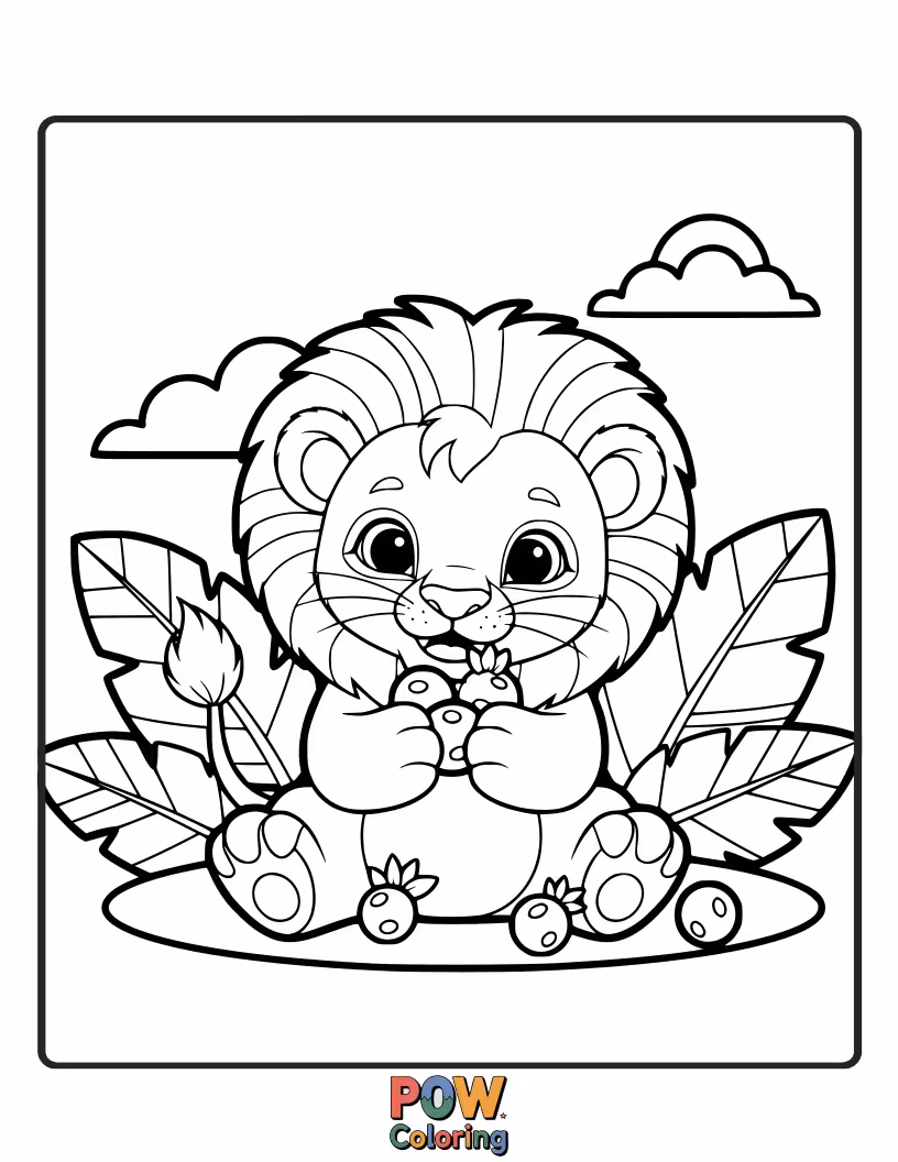 Free coloring page of A content cub enjoys a small pile of delicious-looking berries. A sweet, healthy treat.