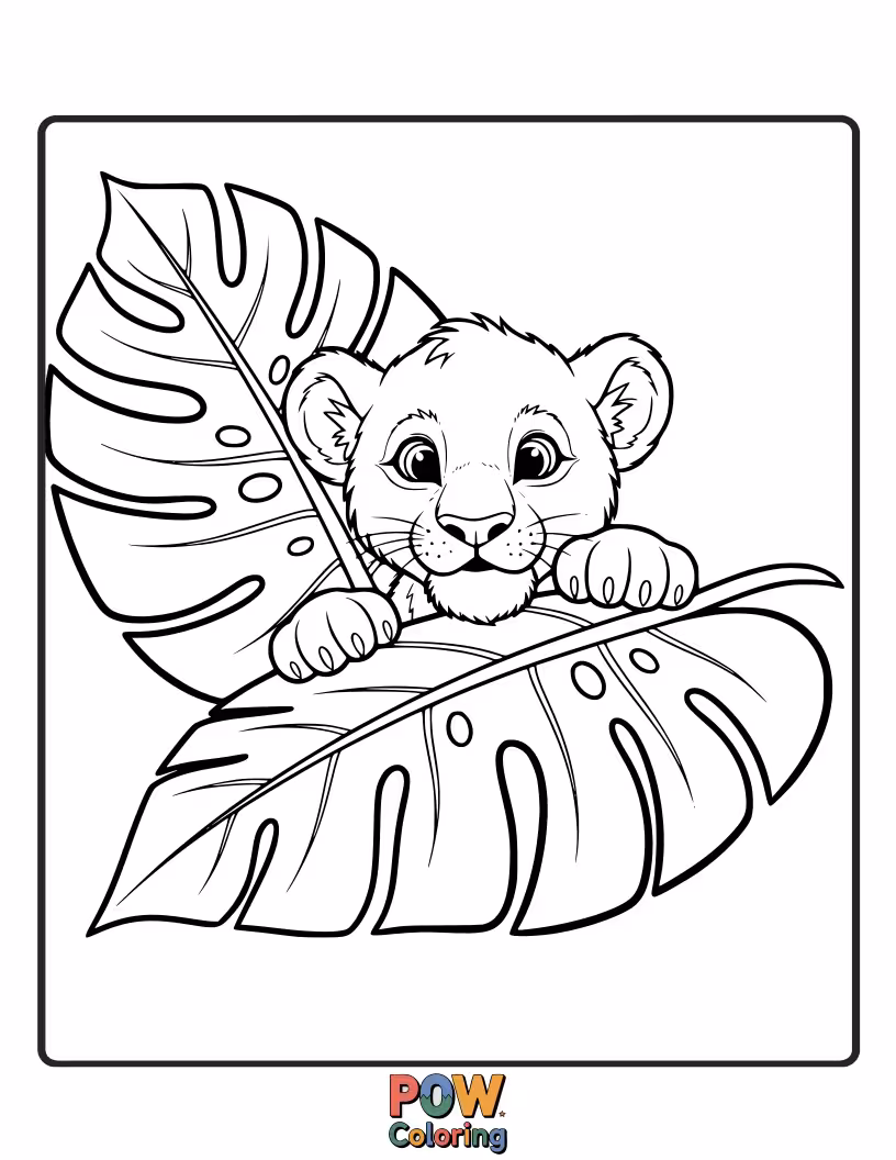 Free coloring page of A curious cub peeks out from behind a large, leafy jungle plant. Intriguing and full of wonder.