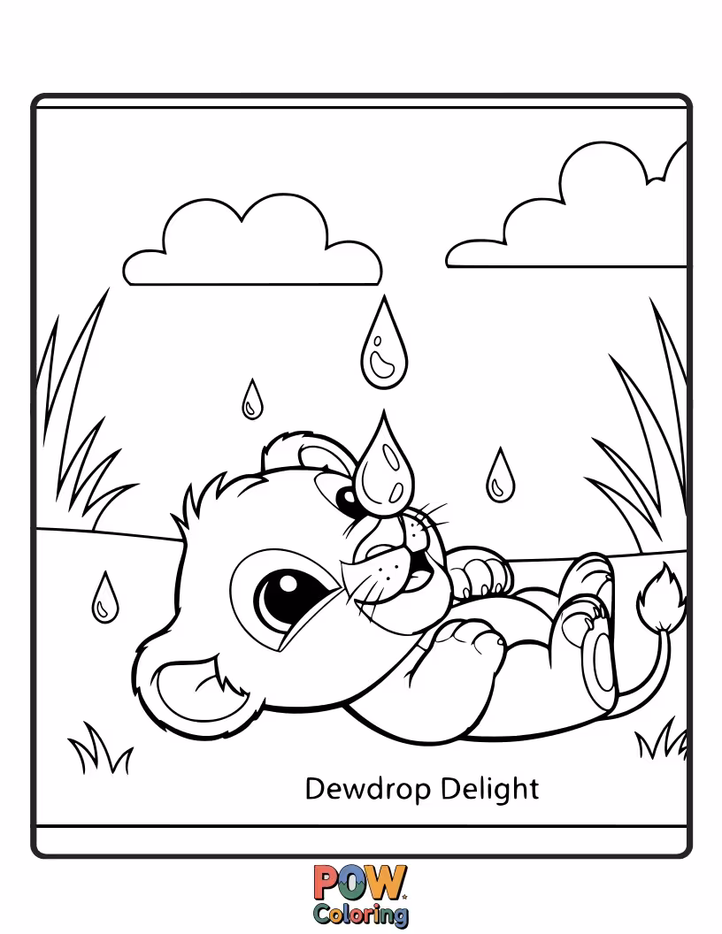 Free coloring page of A tiny cub delicately laps at sparkling dewdrops on a blade of grass. Pristine and charming.