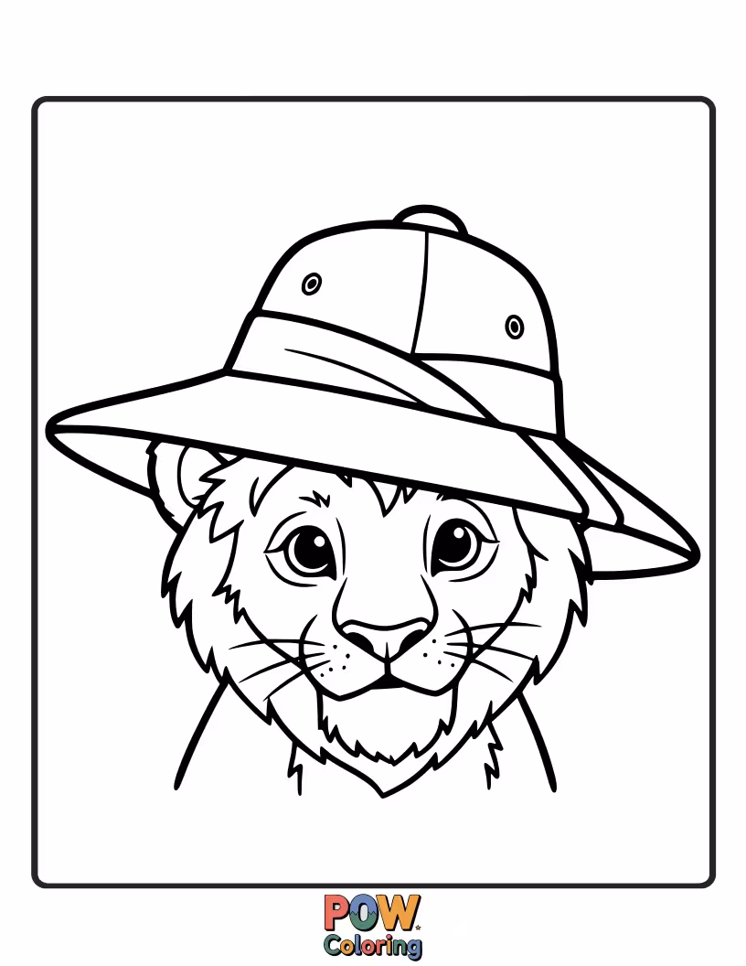 Free coloring page of A brave cub wears a mini explorer's hat, ready for adventure in the tall grass. Bold and cute.