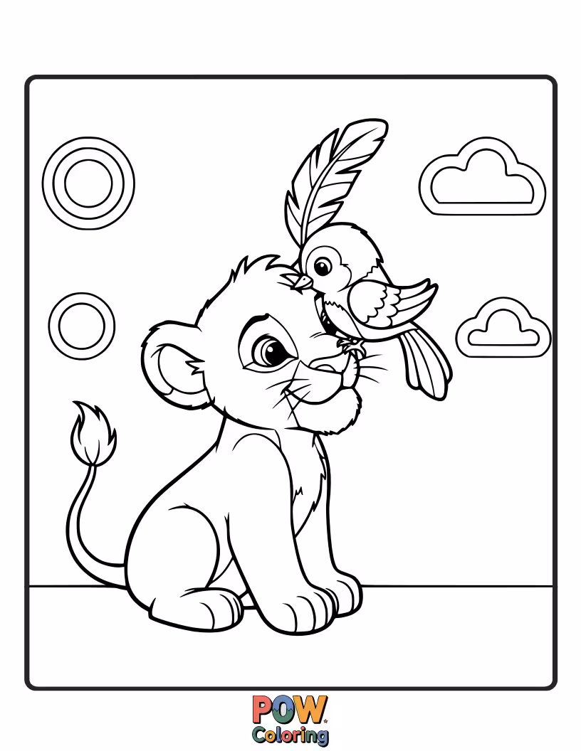 Free coloring page of A curious cub nudges a fallen, colorful feather with its nose. Gentle exploration and discovery.