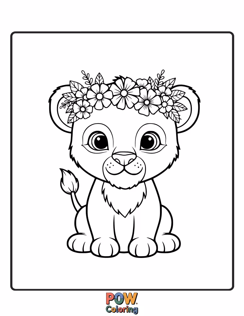 Free coloring page of A pretty cub wears a delicate crown made of colorful wildflowers. Beautiful and charming.