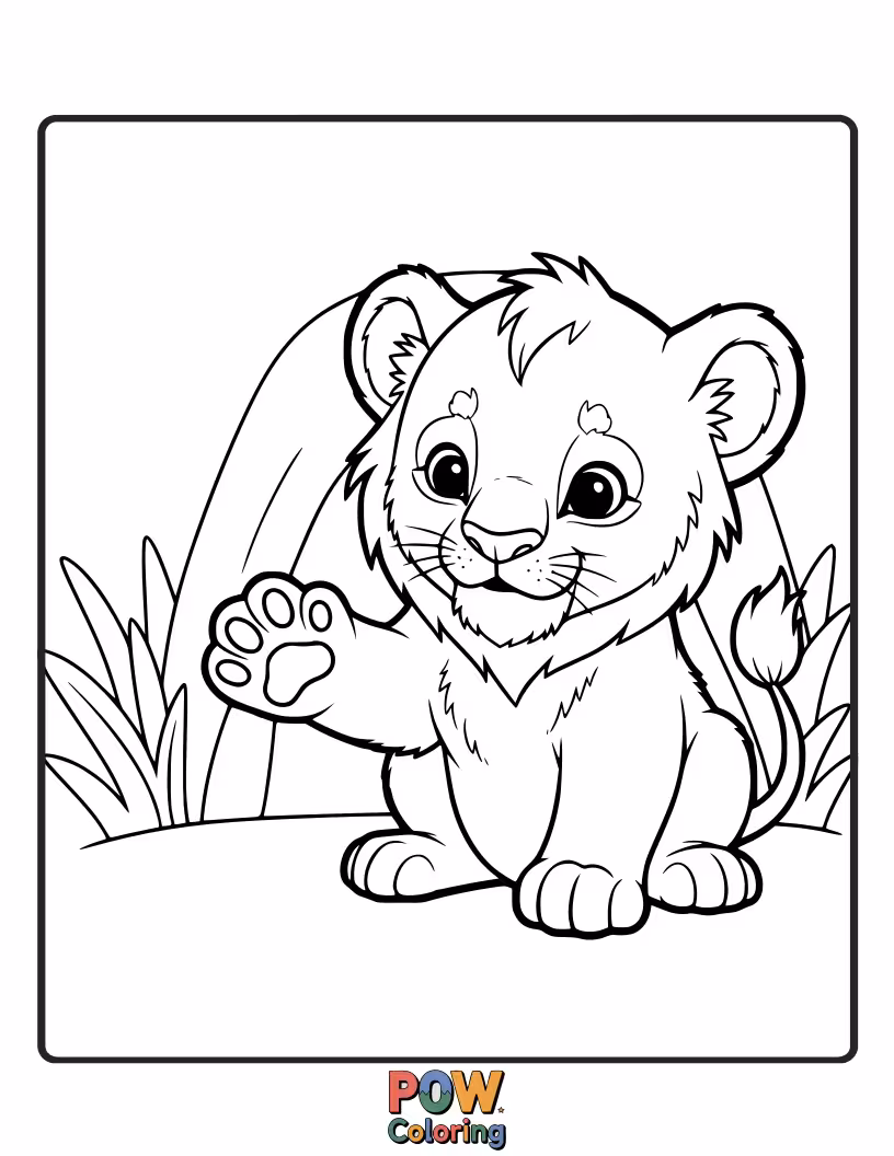 Free coloring page of A sweet cub gently reaches out its paw to touch a fuzzy caterpillar. Delicate interaction.