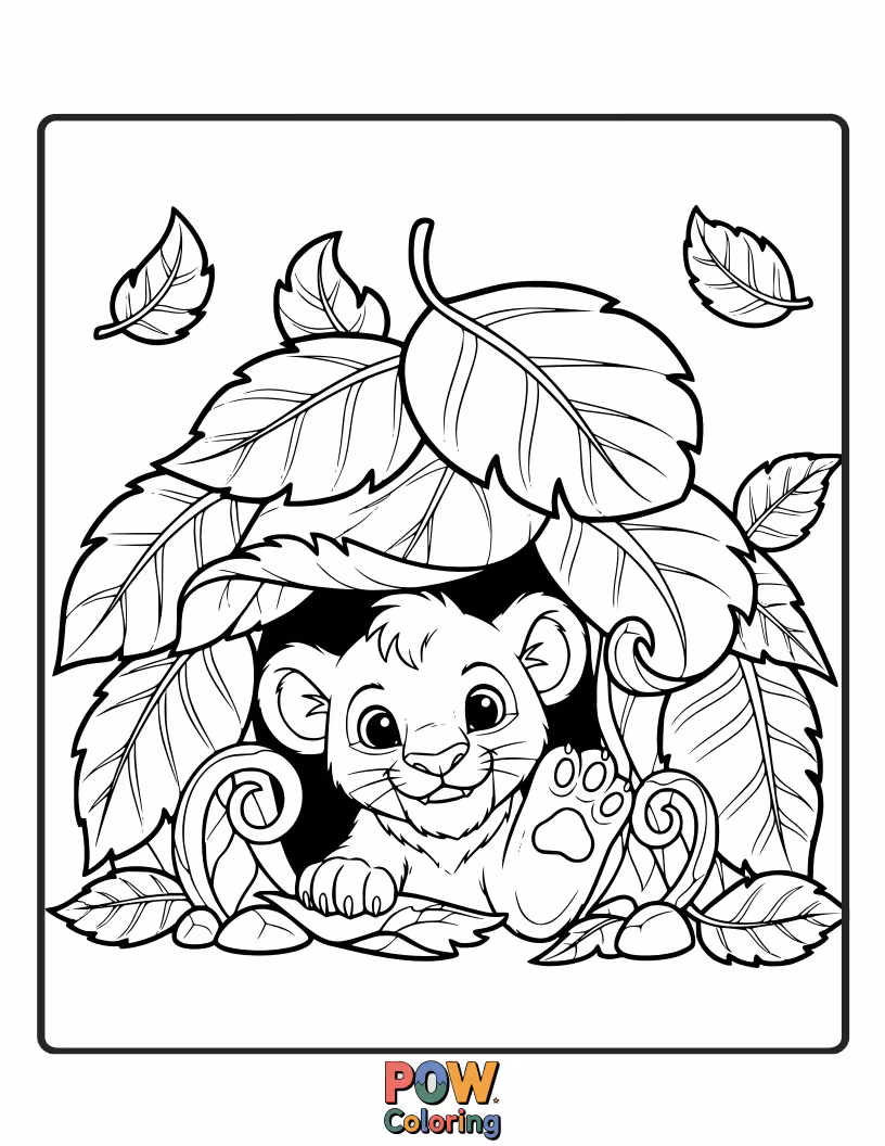 Free coloring page of A playful cub peeks from its cozy hideout amongst large, colorful leaves. Secretive and cute.