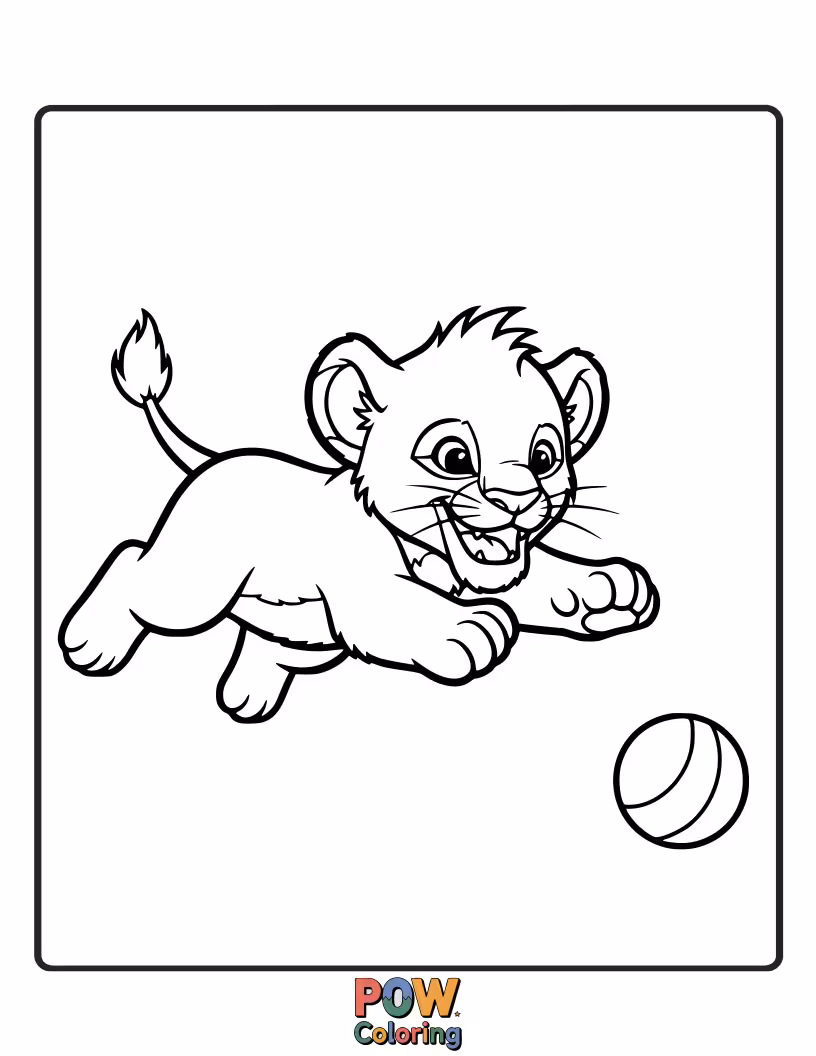 Free coloring page of A mischievous baby lion leaps at a bouncing butterfly. Action-packed and full of youthful energy.
