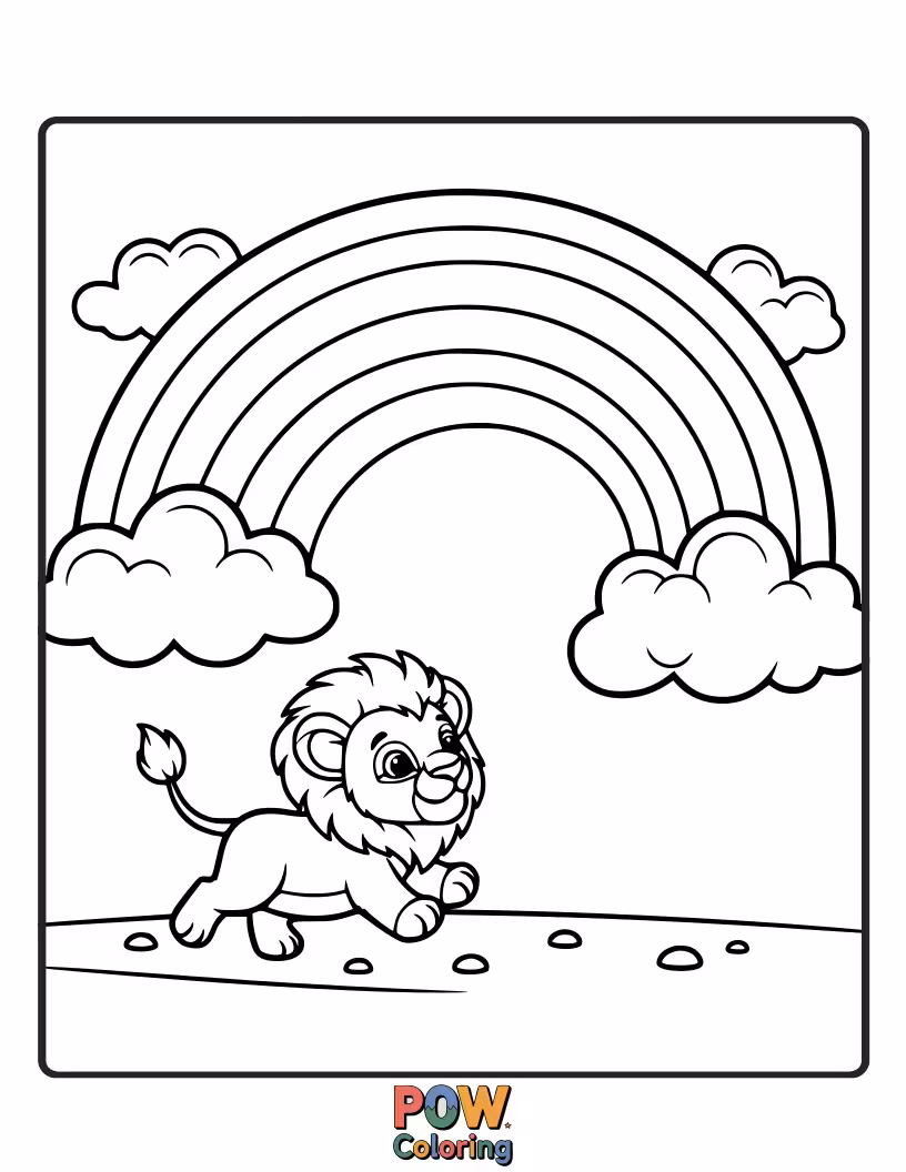 Free coloring page of A whimsical cub chases a vibrant rainbow across a grassy plain. Dreamy and imaginative.