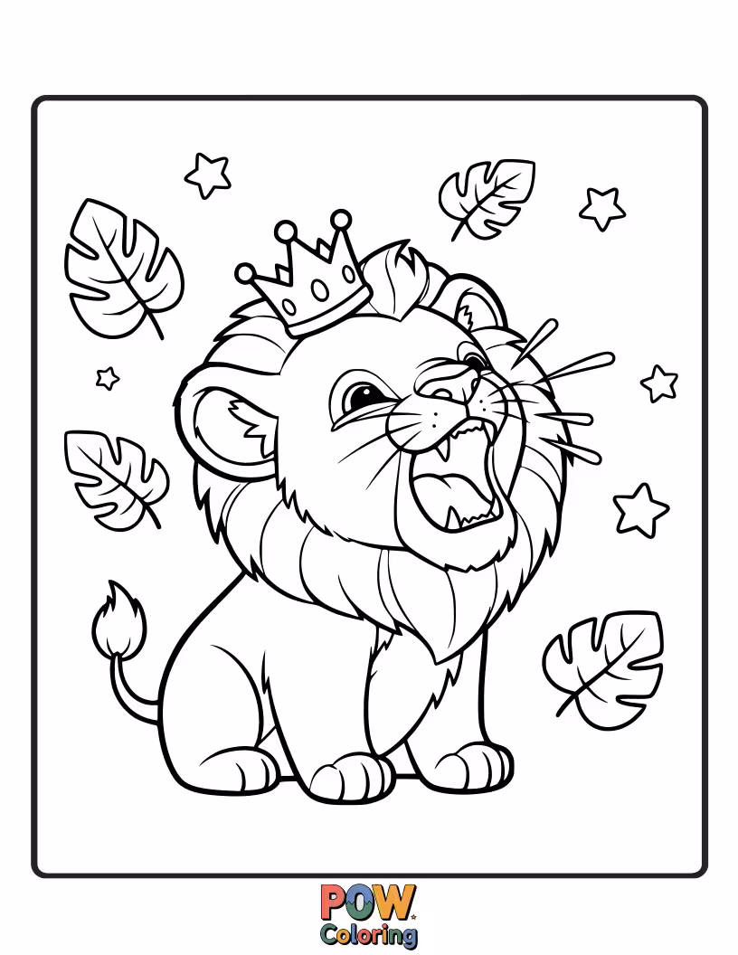 Free coloring page of A tiny lion cub attempts a mighty roar, with a tiny crown perched on its head. Full of regal ambition!