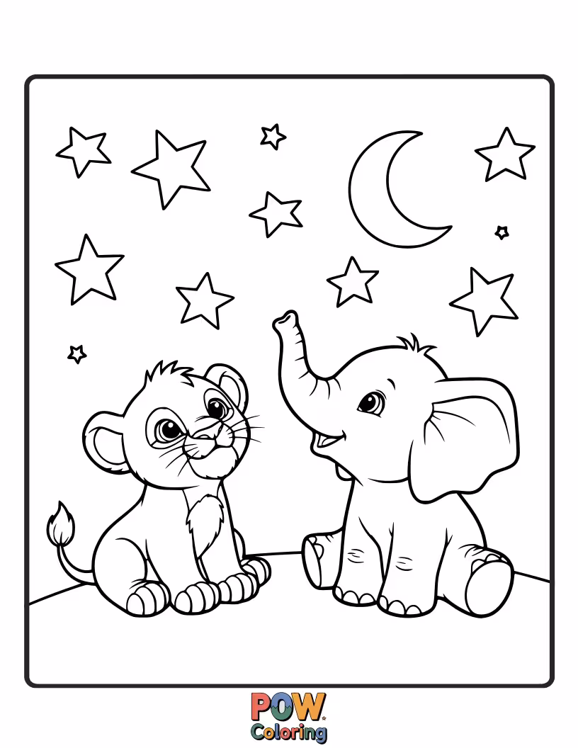Free coloring page of A cub sits beside a friendly owl, both gazing at the starry sky. Unique companionship.