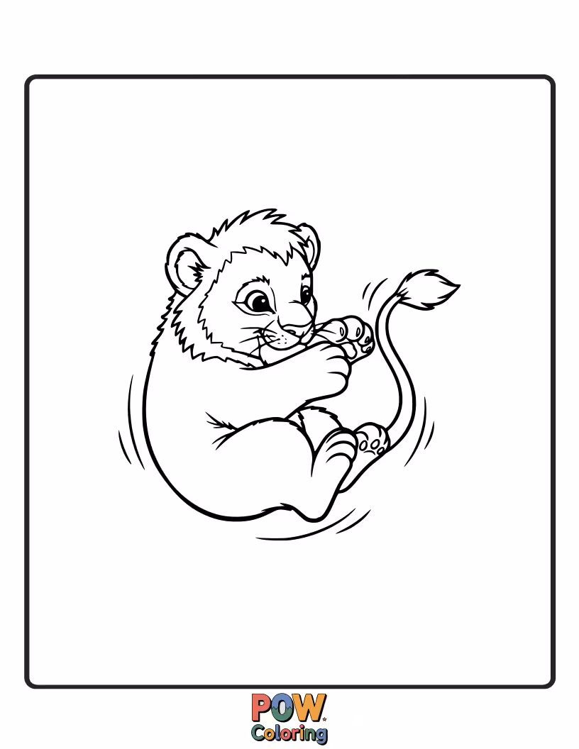 Free coloring page of A classic funny scene: a cub playfully chasing its own fluffy tail. Hilarious and energetic.