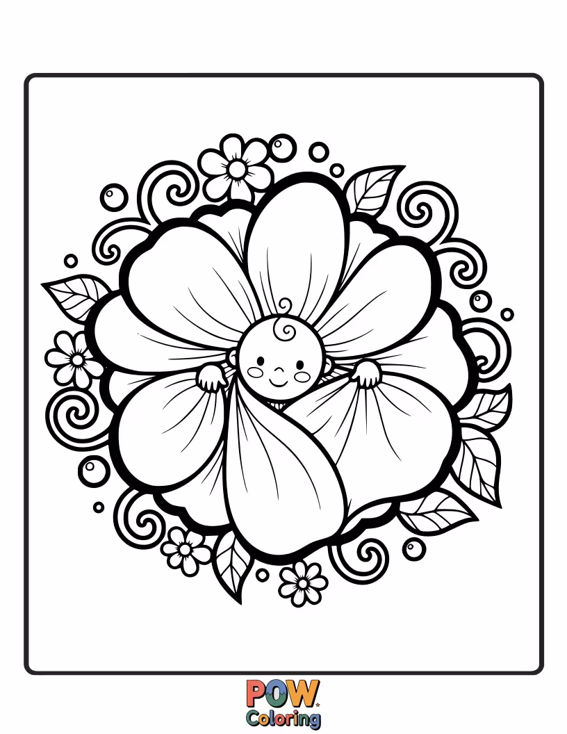 Free coloring page of A tiny baby peeking out from behind a giant, cheerful flower, surrounded by friendly bees and ladybugs.
