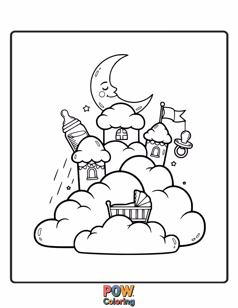 Free coloring page of A royal baby sitting atop a whimsical castle made of fluffy clouds, ruling with a tiny scepter.