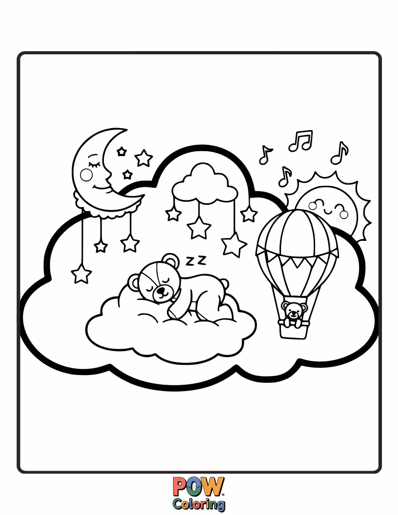 Free coloring page of A sweet baby peacefully sleeping on a fluffy cloud, surrounded by twinkling stars and a crescent moon. Pure bliss.
