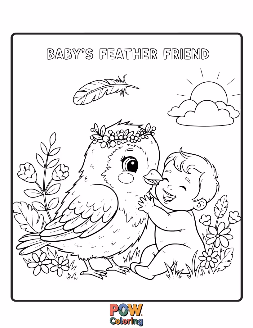 Free coloring page of A delicate baby holding a large, fluffy feather that gently floats down from the sky. So light!