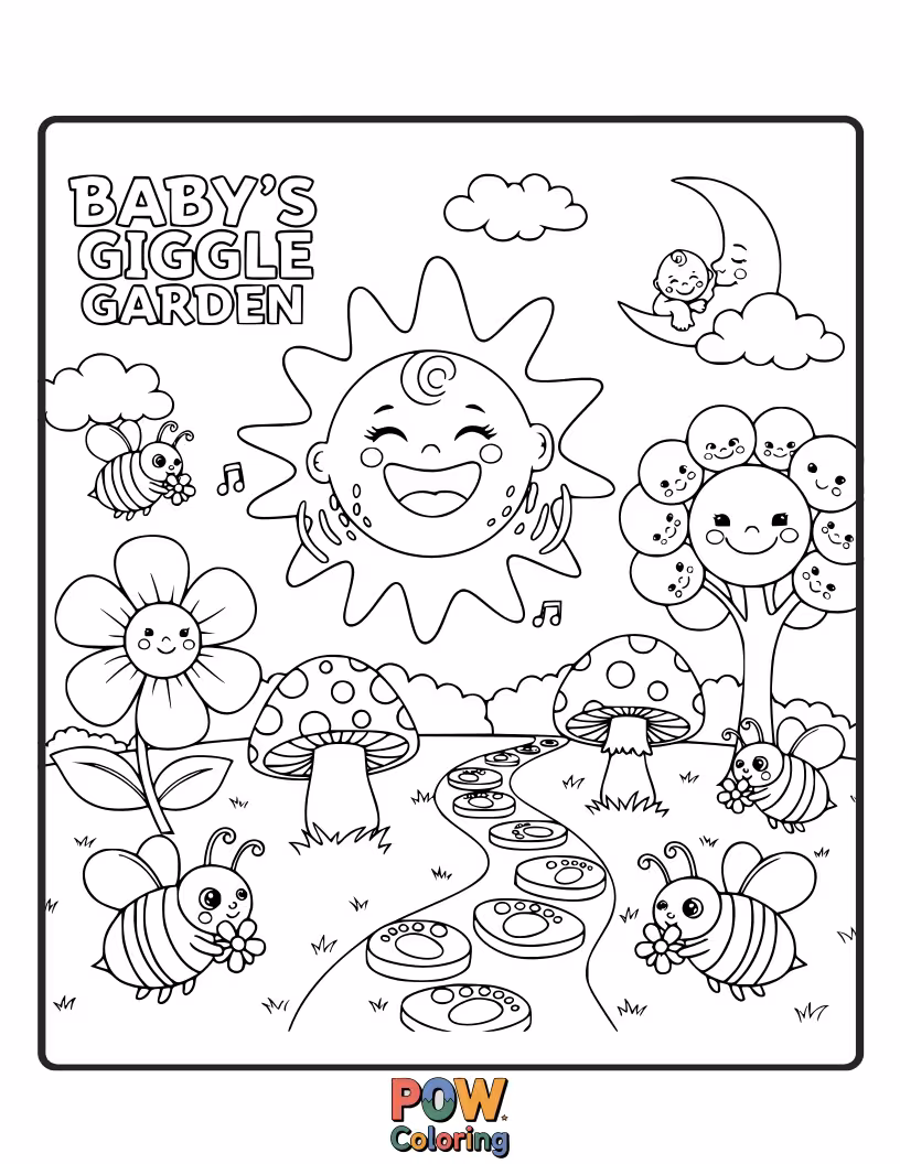 Free coloring page of A baby surrounded by oversized, smiling flowers and friendly butterflies, radiating pure, infectious giggles.