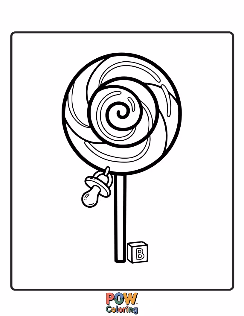 Free coloring page of A baby gleefully licking a giant, swirled lollipop, leaving a colorful trail of sweet satisfaction.