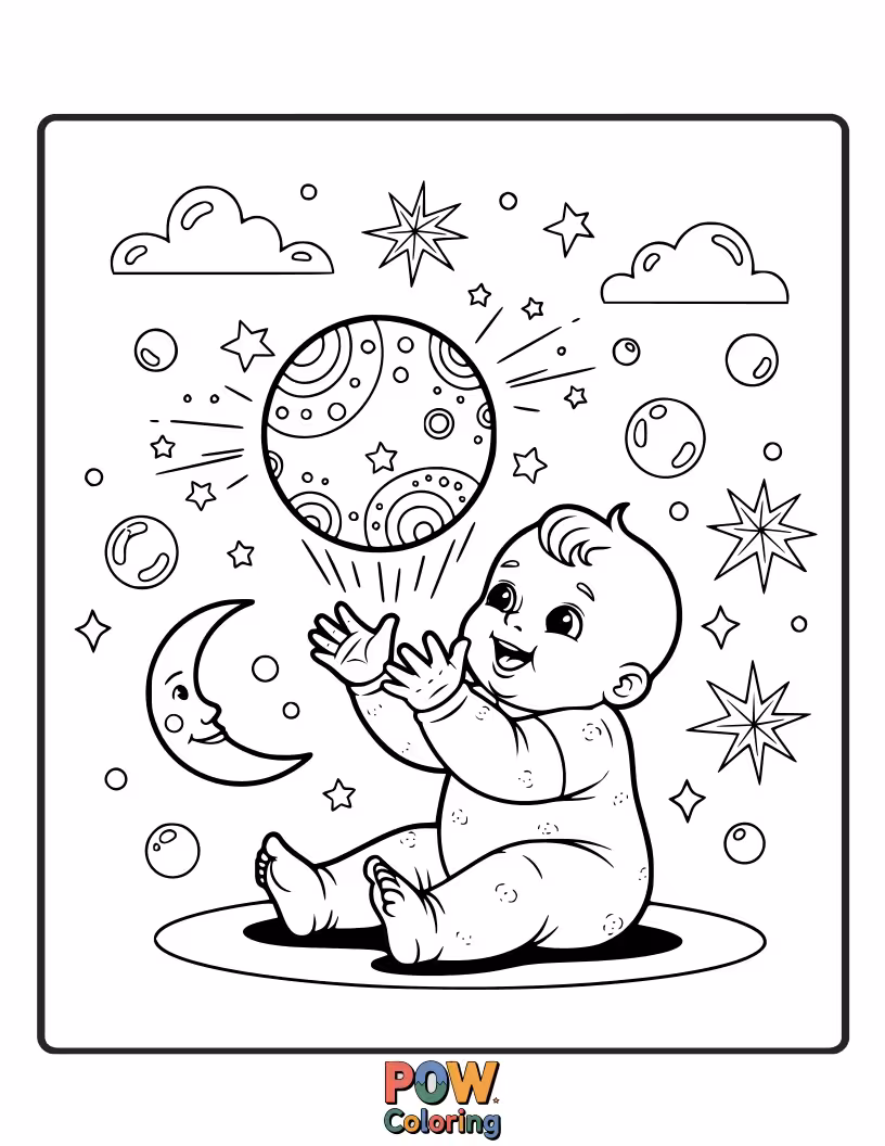 Free coloring page of A curious baby reaching for a shimmering, magical ball that glows with a gentle light, sparking wonder.