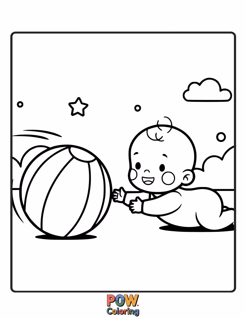 Free coloring page of A playful baby joyfully chasing a big, colorful rolling ball across a grassy meadow. Active fun!