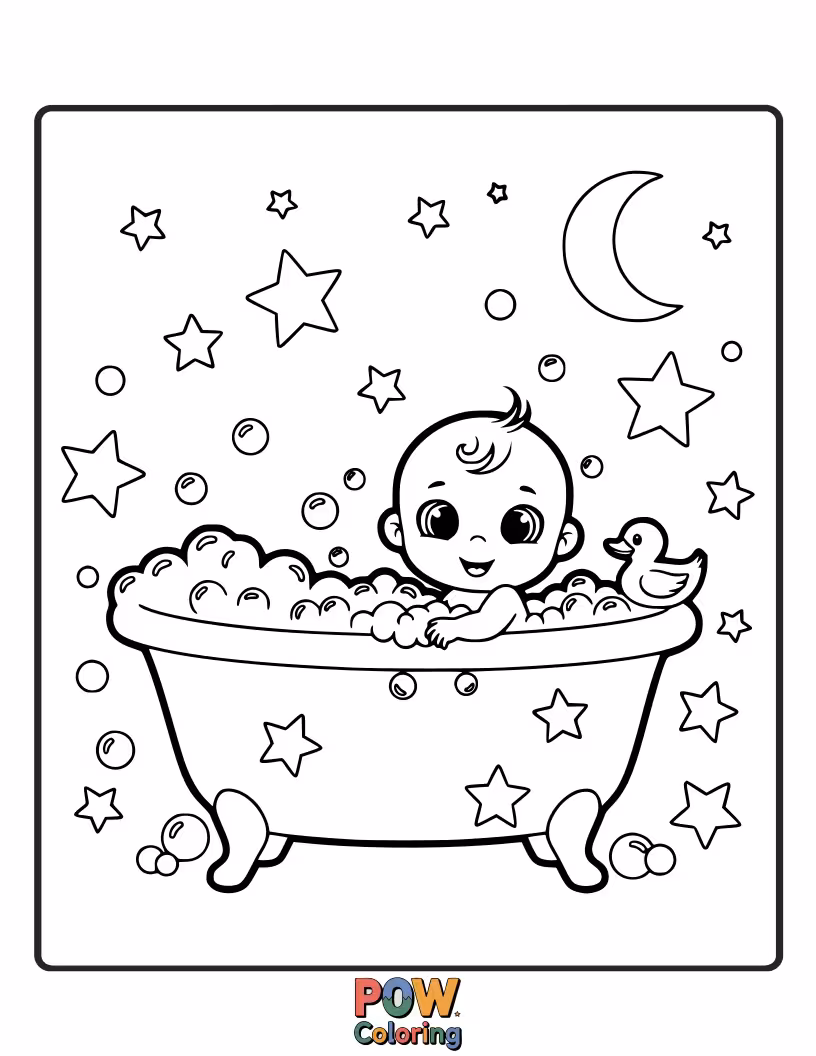 Free coloring page of A peaceful baby enjoying a bubbly bath under a sky full of twinkling stars and a smiling moon.