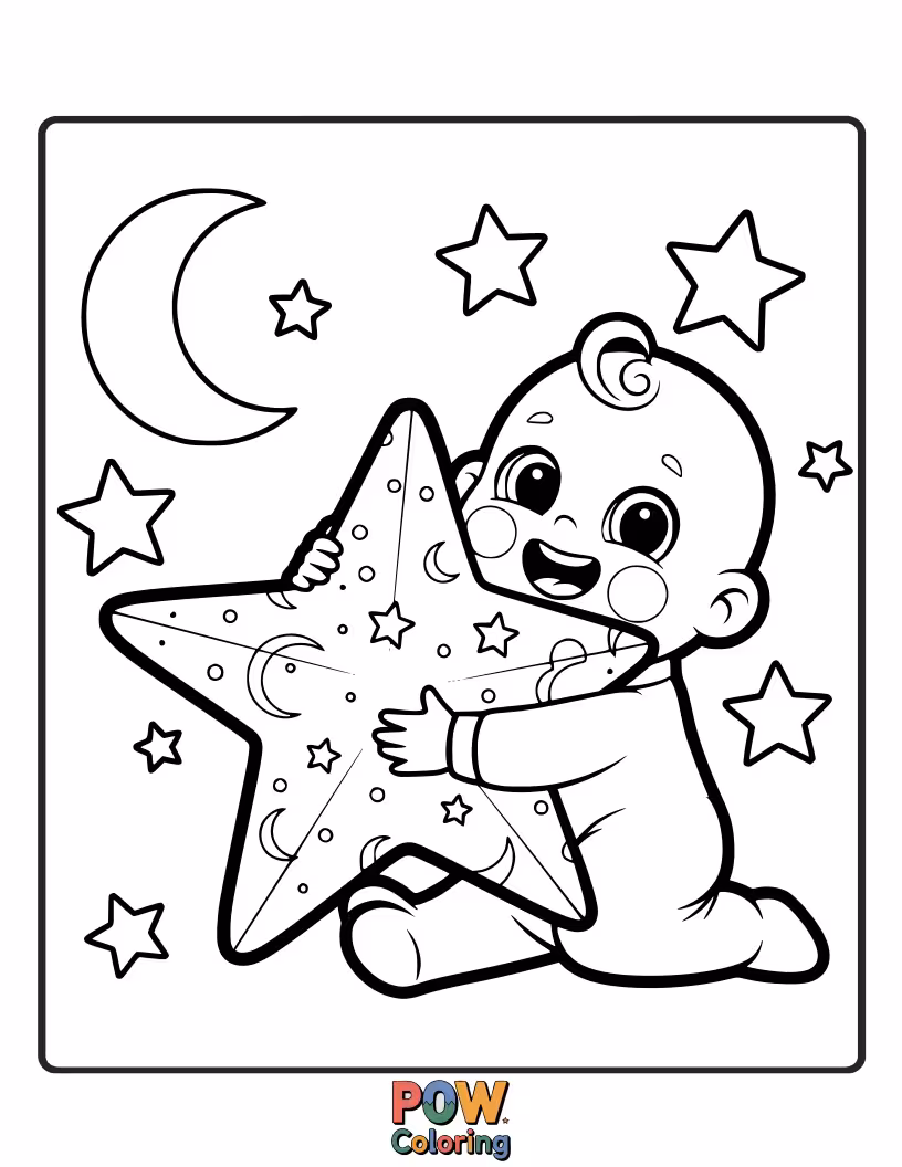 Free coloring page of A baby embracing a friendly, smiling star, sharing a warm and gentle interstellar hug. Cosmic cuteness!