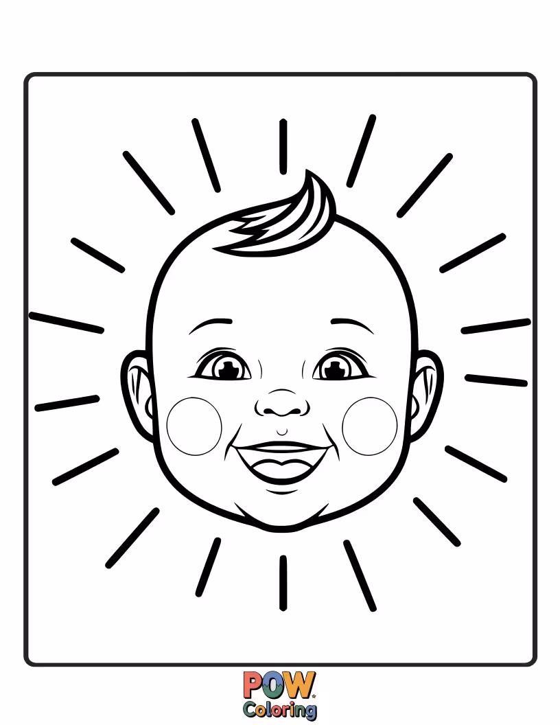 Free coloring page of A radiant baby with a wide, infectious smile, surrounded by cheerful sun rays and happy little clouds.