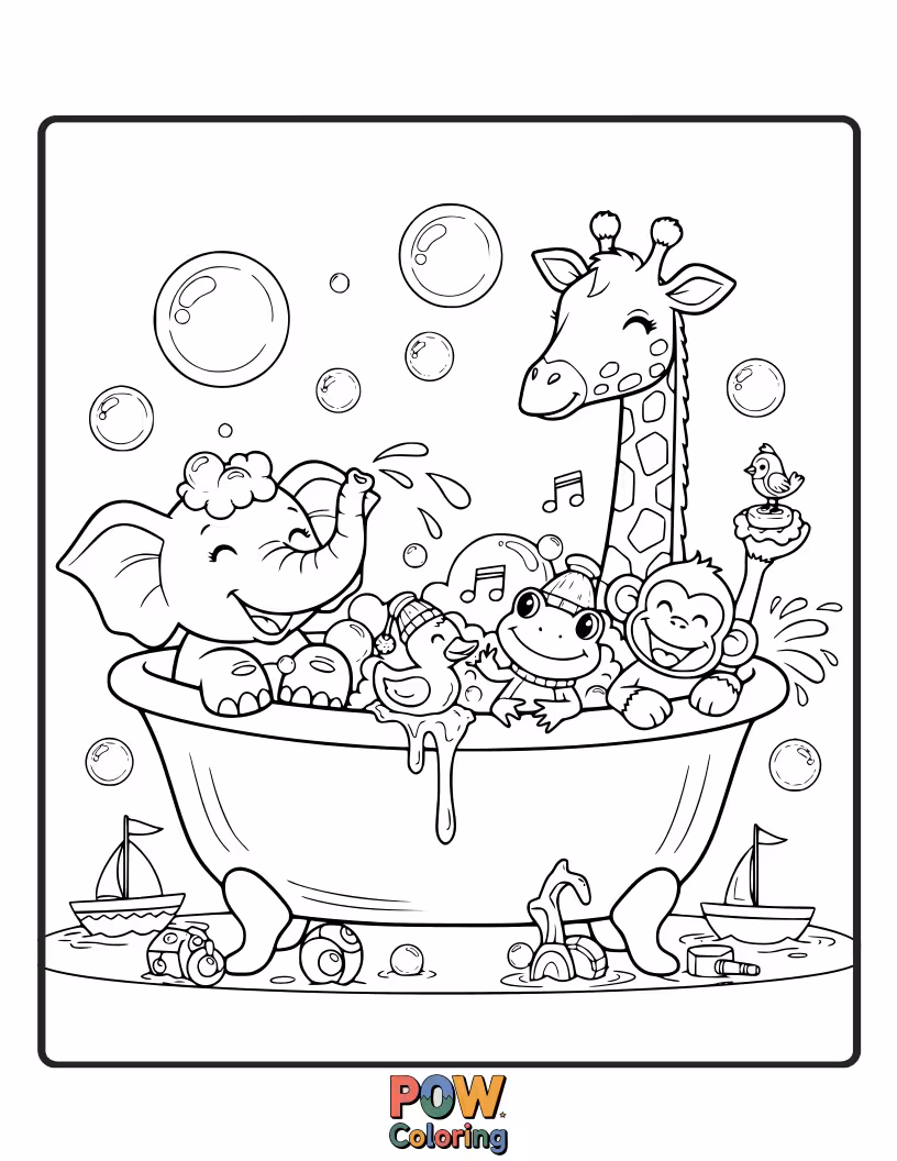 Free coloring page of A group of adorable animal friends are happily splashing and playing together in this fun bathtub.