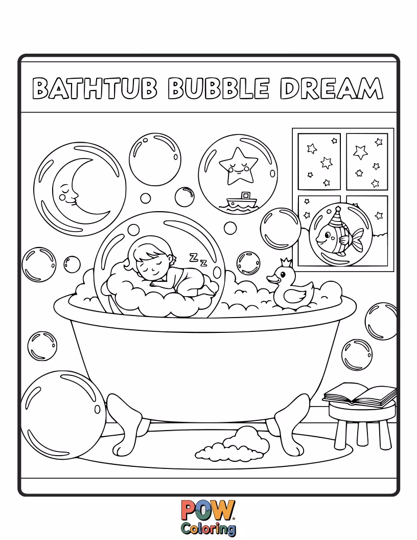Free coloring page of A whimsical bathtub overflowing with oversized, dreamy bubbles, ready for a splash of imagination. Perfect for little dreamers.