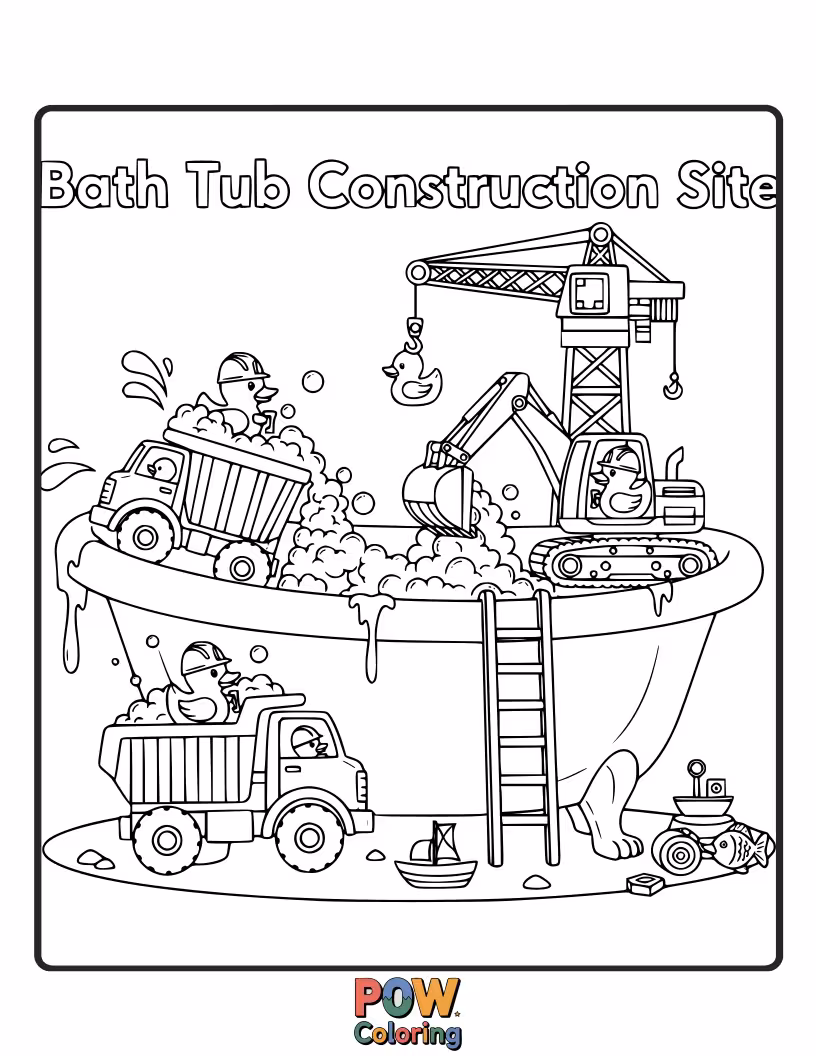 Free coloring page of Little builders rejoice! This bathtub is a fun construction site with toy trucks and building blocks in the water.