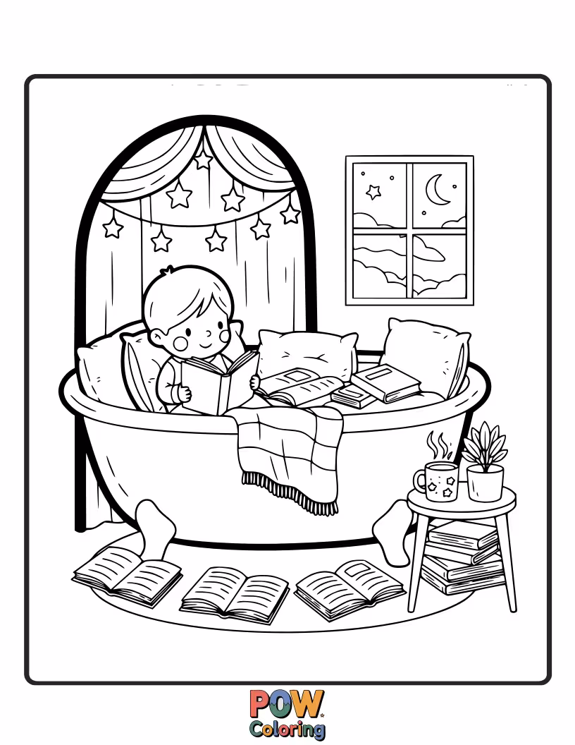 Free coloring page of A comfy bathtub designed for relaxation, complete with a stack of books and a warm, inviting glow.