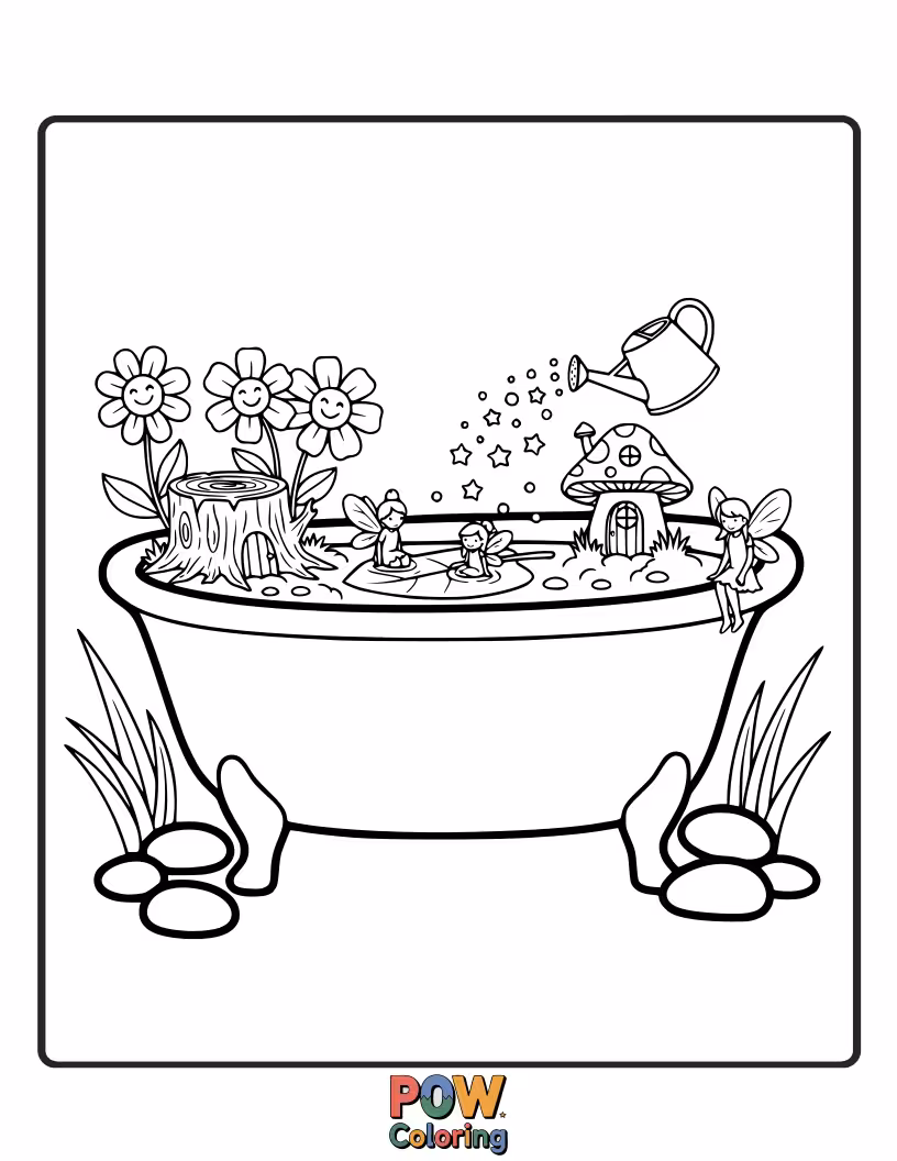 Free coloring page of A whimsical bathtub nestled amongst tiny flowers and sparkling dew drops, perfect for a magical fairy bath.