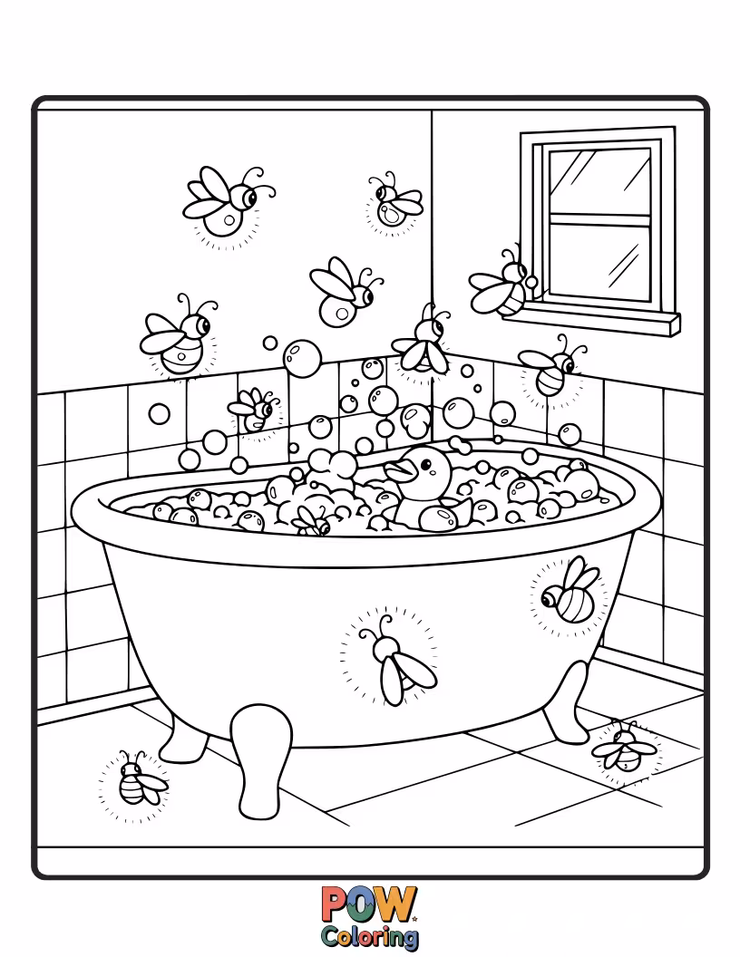 Free coloring page of Bathtime magic! This bathtub glows with the gentle light of twinkling fireflies, creating a serene evening scene.