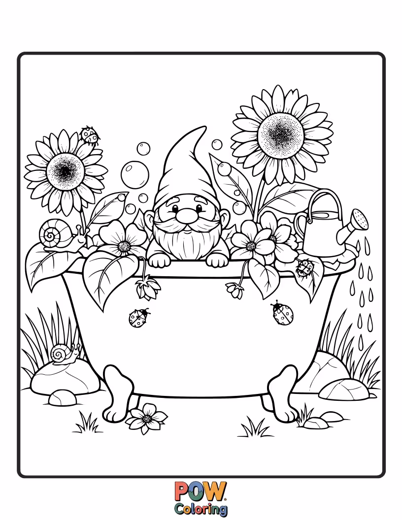 Free coloring page of A tiny, charming bathtub nestled within a miniature garden, with mushrooms and flowers blooming around it.