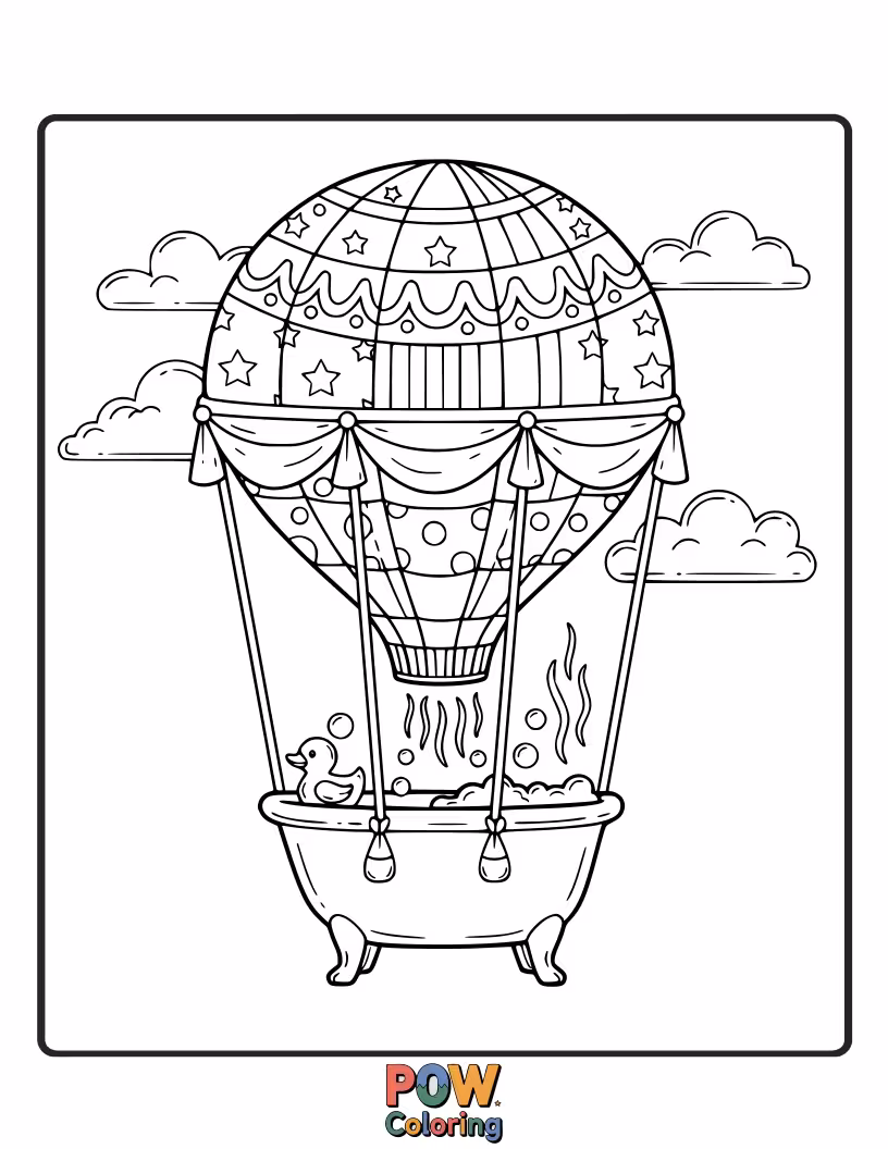 Free coloring page of Soar to new heights of fun! This bathtub is a colorful hot air balloon, ready for a bubbly journey.