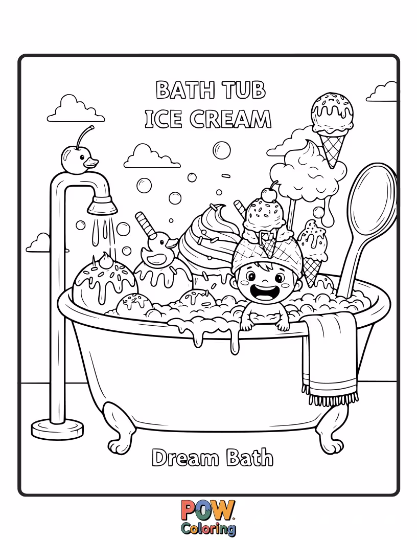 Free coloring page of Indulge your sweet tooth! This bathtub is decorated like a delightful ice cream sundae, with scoops and sprinkles.