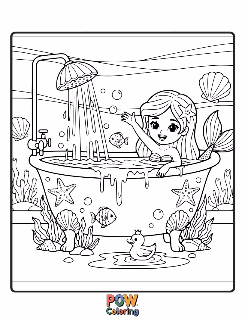 Free coloring page of Enter a magical underwater world! This bathtub resembles a mermaid's grotto with shells and shimmering scales.