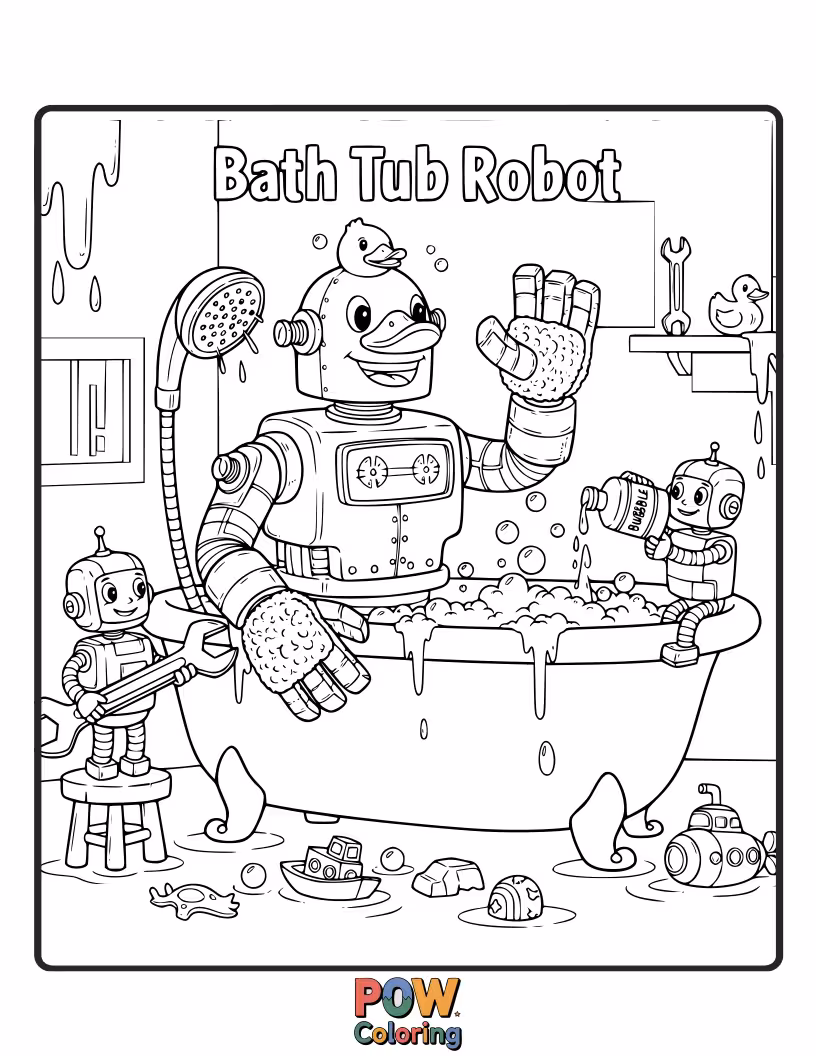 Free coloring page of Even robots need a clean! This cute robot is enjoying a bubbly wash in its high-tech bathtub.