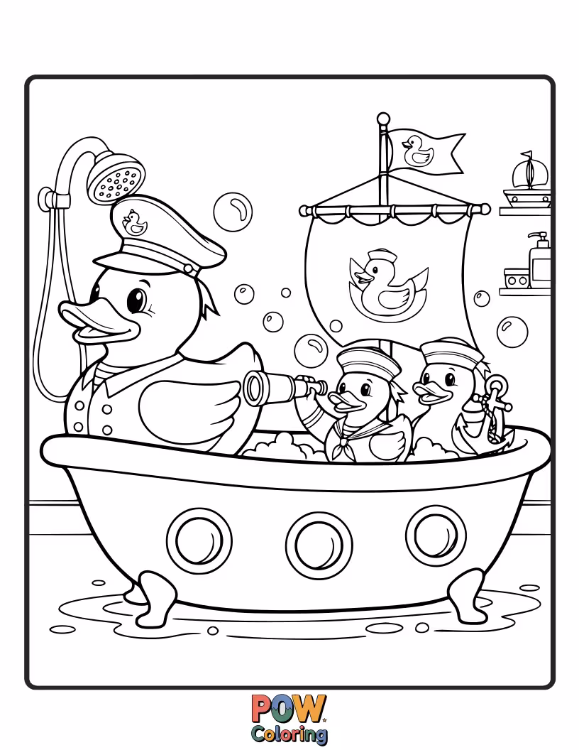 Free coloring page of A cheerful bathtub populated by a parade of adorable rubber duckies of all sizes, ready to set sail!