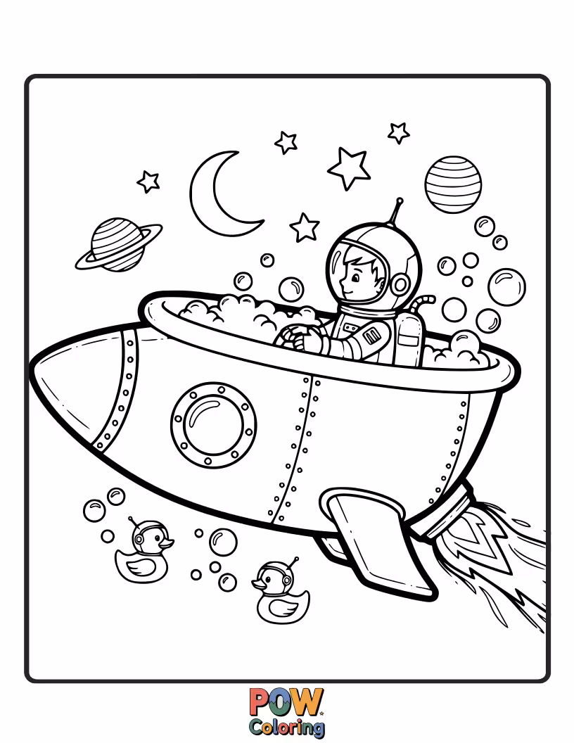 Free coloring page of Blast off into bathtime! This bathtub is a rocket ship ready to explore the starry cosmos.
