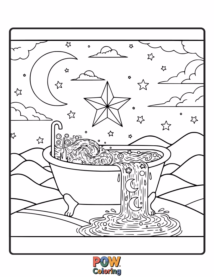 Free coloring page of Imagine bathing under the stars! This bathtub features a starry sky inside, with crescent moons and twinkling lights.