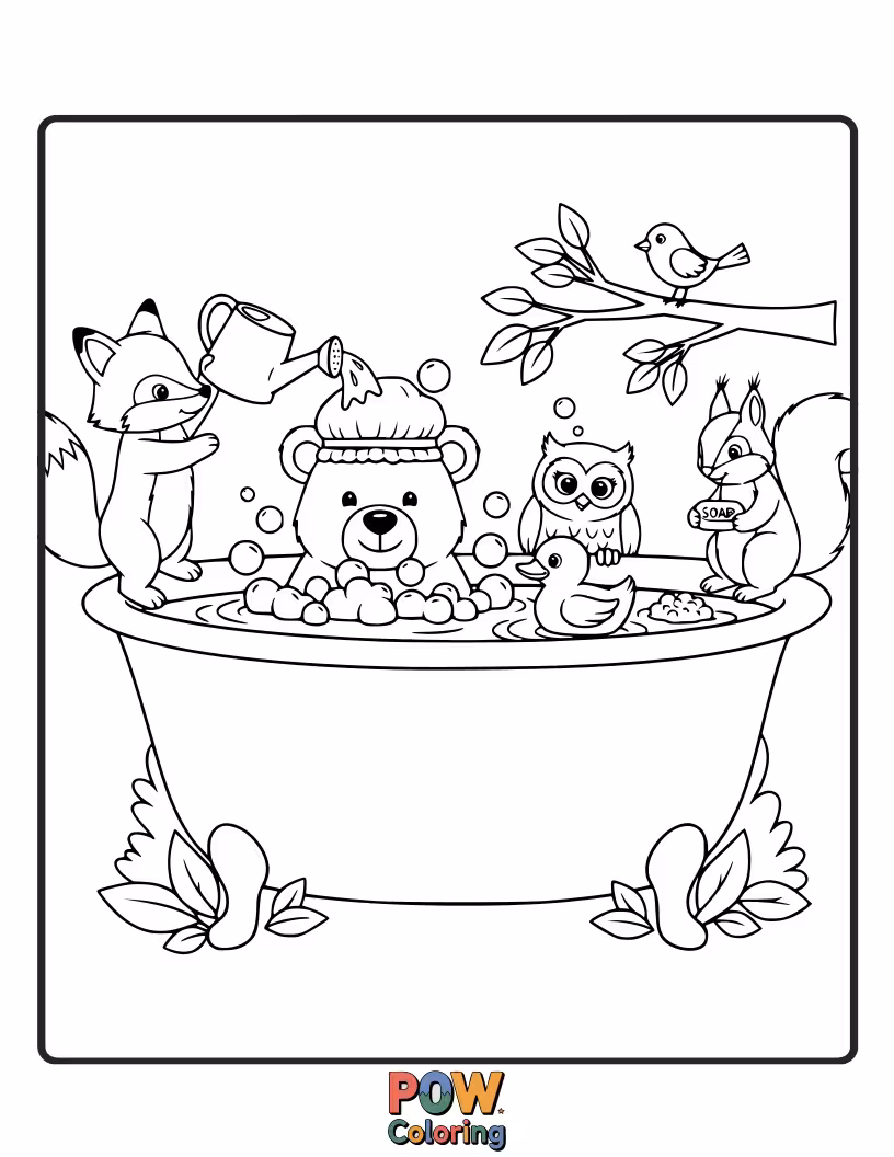 Free coloring page of Sweet forest creatures are enjoying a bubbly soak in this charming, nature-inspired bathtub.