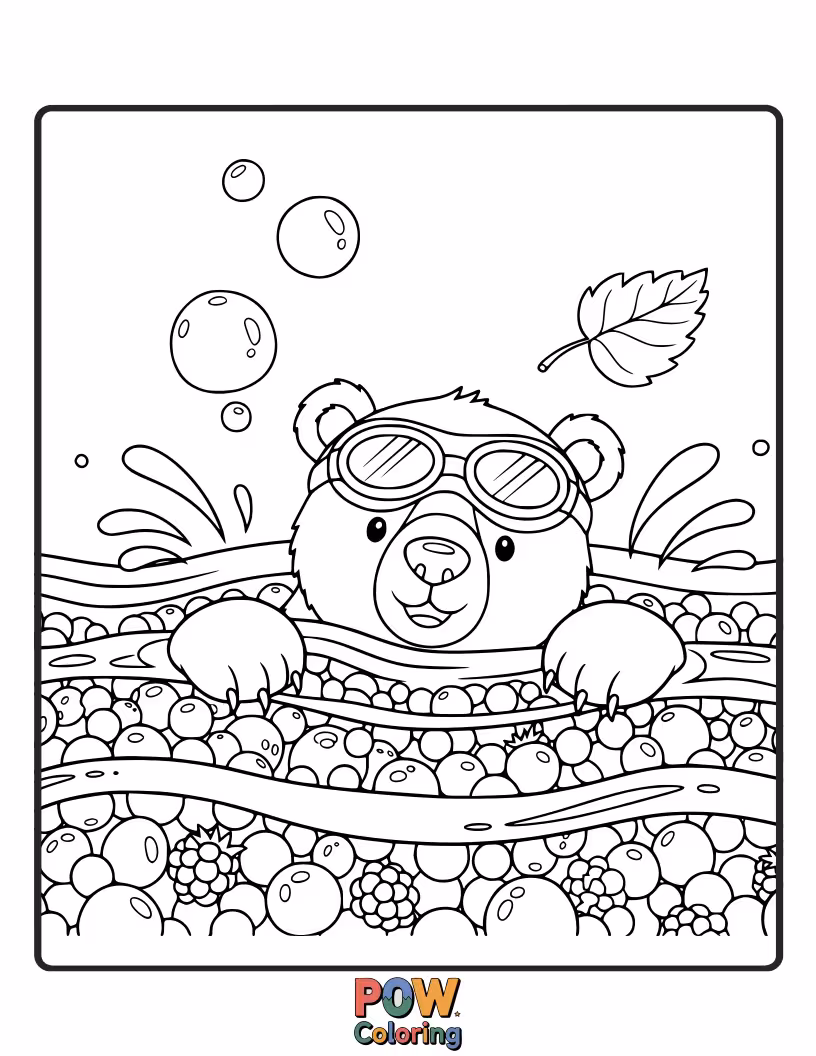 Free coloring page of A happy bear splashes playfully in a river, trying to catch delicious berries floating downstream for a snack.