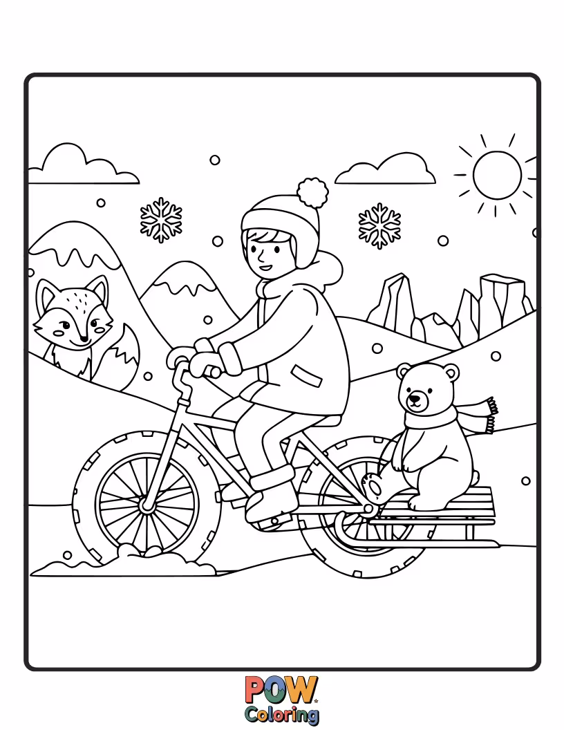 Free coloring page of A sturdy bicycle navigating a snowy wonderland with playful penguins and fluffy snowflakes, a cool journey.