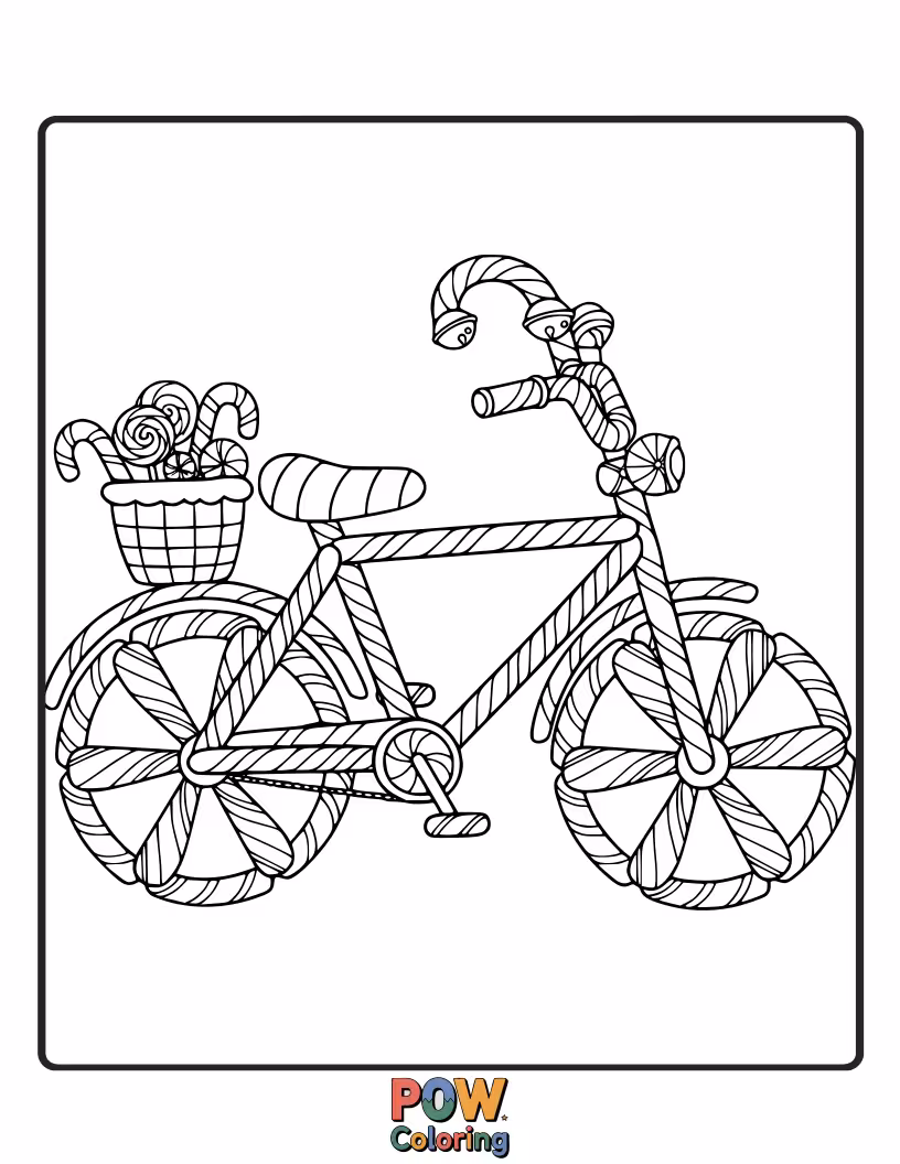Free coloring page of A festive bicycle decorated with candy canes and festive lights, perfect for a holiday spin.
