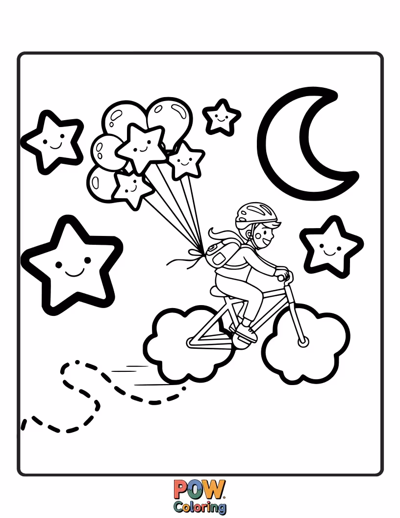 Free coloring page of Imagine a bicycle floating among fluffy clouds and stars, a magical journey for the imagination to color.