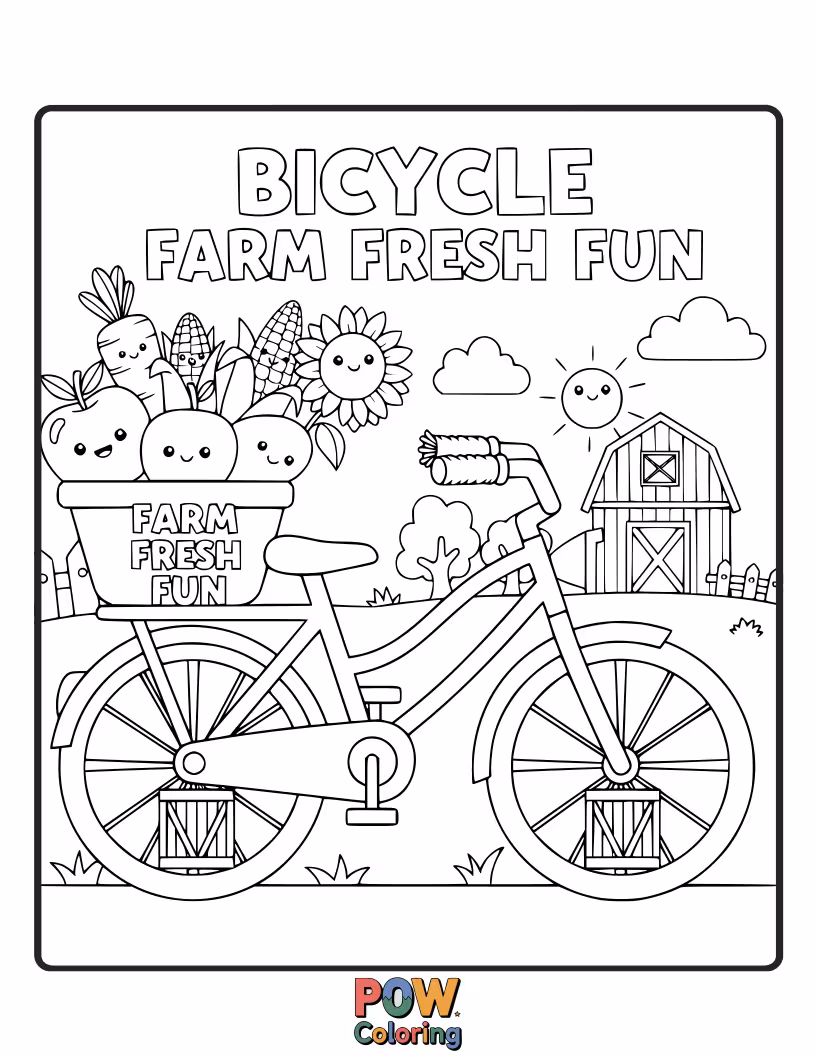 Free coloring page of A rustic bicycle loaded with fresh fruits and vegetables, ready for a delightful farm adventure.