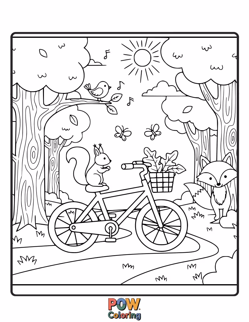 Free coloring page of A playful bicycle weaving through a whimsical forest with friendly mushrooms and happy trees.
