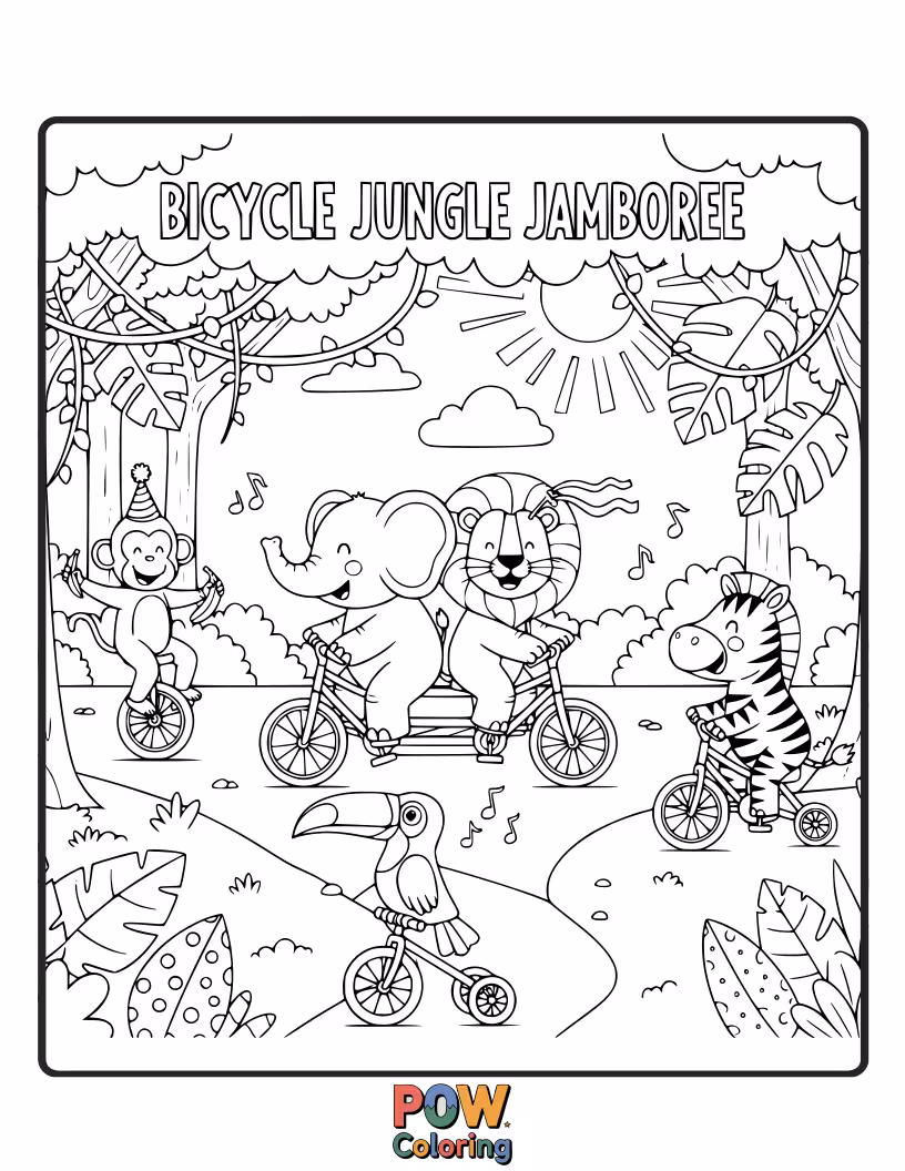 Free coloring page of A quirky bicycle peeking out from behind lush jungle leaves, with curious monkeys and exotic birds.