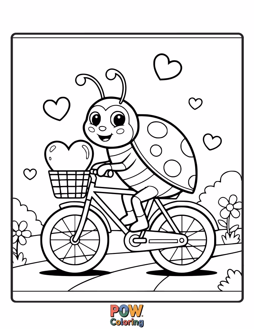 Free coloring page of A tiny, cute bicycle with ladybug wheels and antennae, perfect for a small adventure.