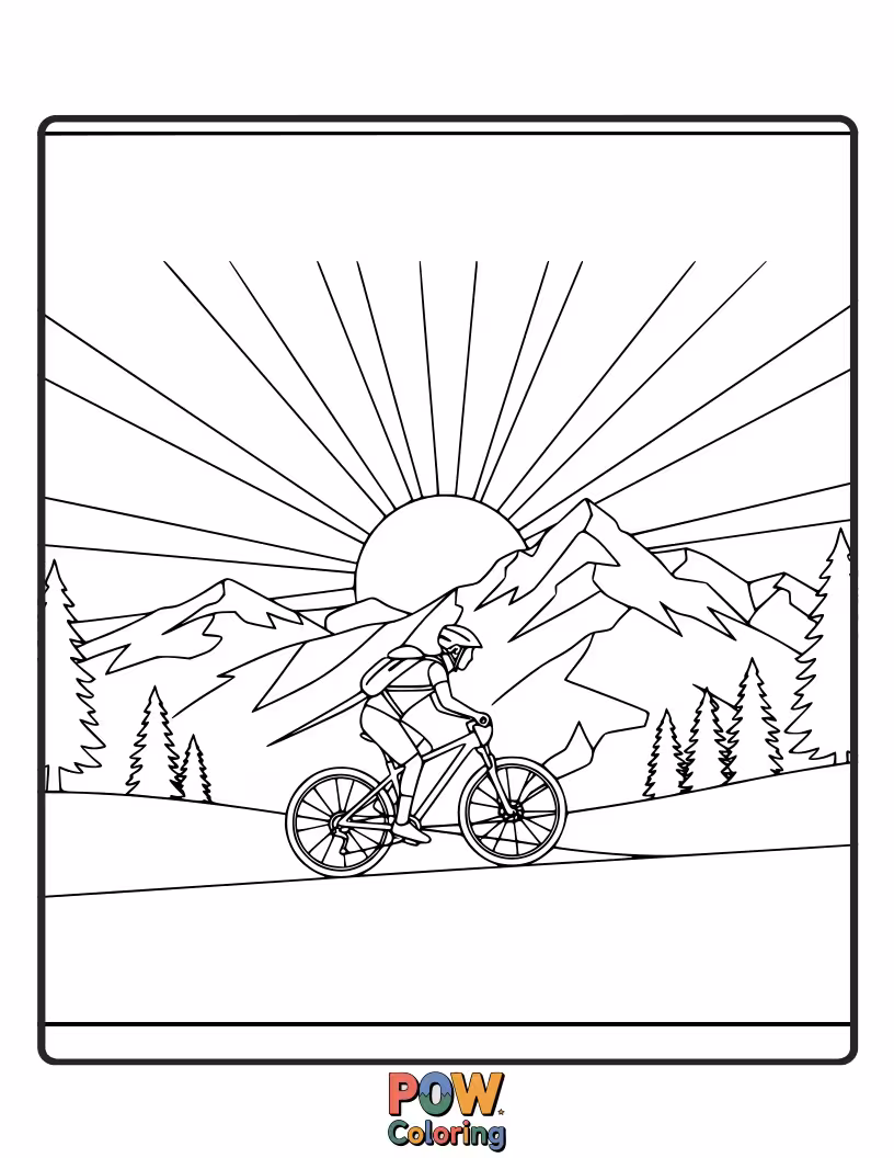 Free coloring page of A strong bicycle conquering a majestic mountain peak, with breathtaking views and soaring eagles.